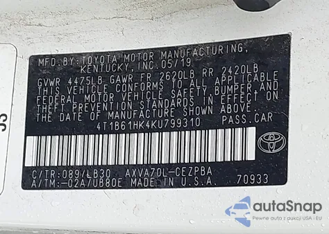 2019 Toyota Camry Xse z USA, uszkodzony, nr VIN 4T1B61HK4KU799310